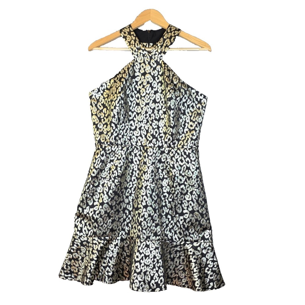 Slate &‎ Willow Metallic Gold Leopard Halter Dress Size 10 Ruffle Hem Cocktail